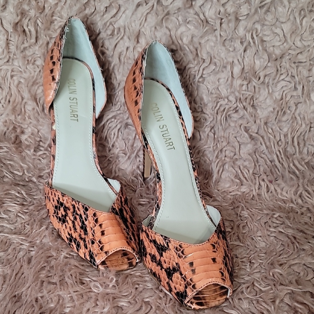 Colin Stuart Orange Snakeskin Peep-Toe Heels